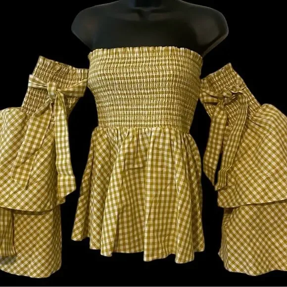 Caroline Constas off the shoulder smocked body ruffle sleeves top boho NWOT L - Picture 9 of 10